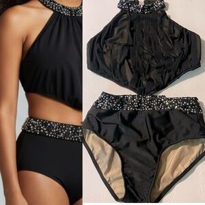 Glamour solo custom dance costume black leotard rhinestone LA-Large adult